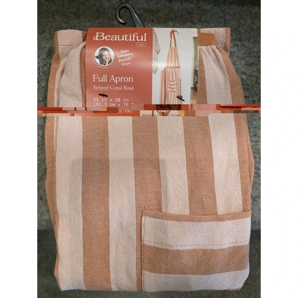 Beautiful by Drew Barrymore Striped Full Body Apron Orange Pink Cotton
